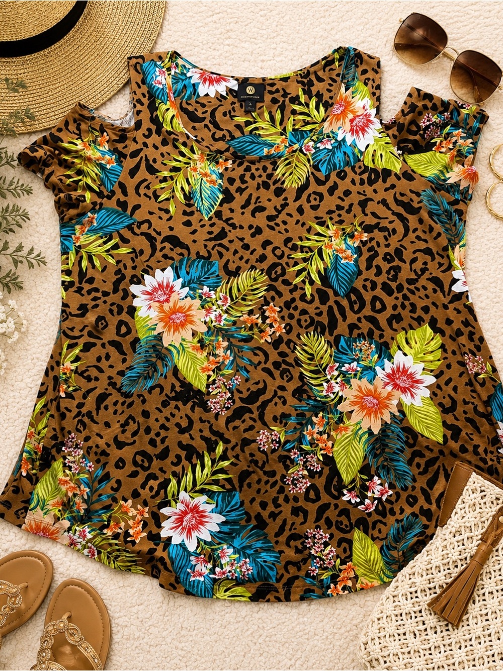 JM Collection Women’s 2X Leopard Tropical Floral Cold Shoulder Tunic Top